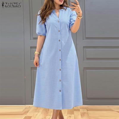 Damen Freizeit V-Ausschnitt Locker Halbsleeve Karomuster Sommerkleid