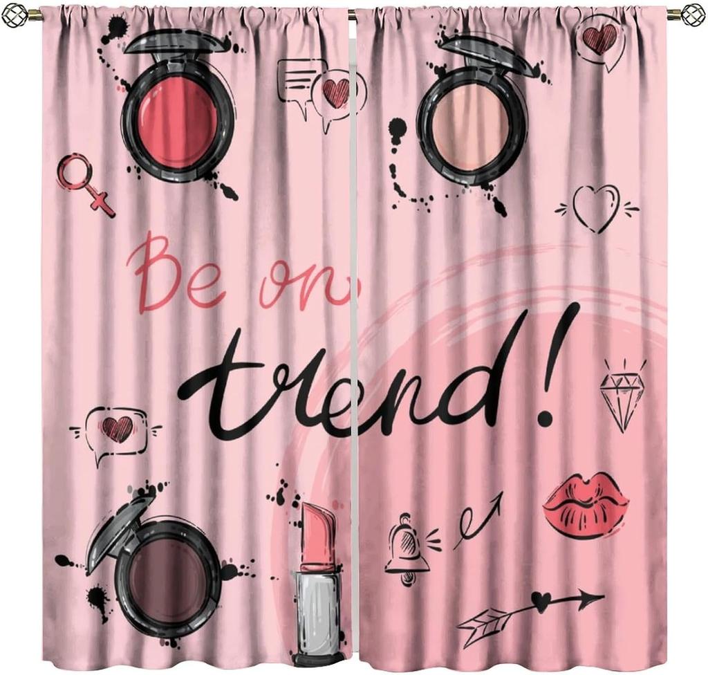 Fashion Makeup Curtains Pink Theme Lipstick Perfume Girl Makeup Blackout Window Treatment for Kids Girl Bedroom Cloakroom Decor