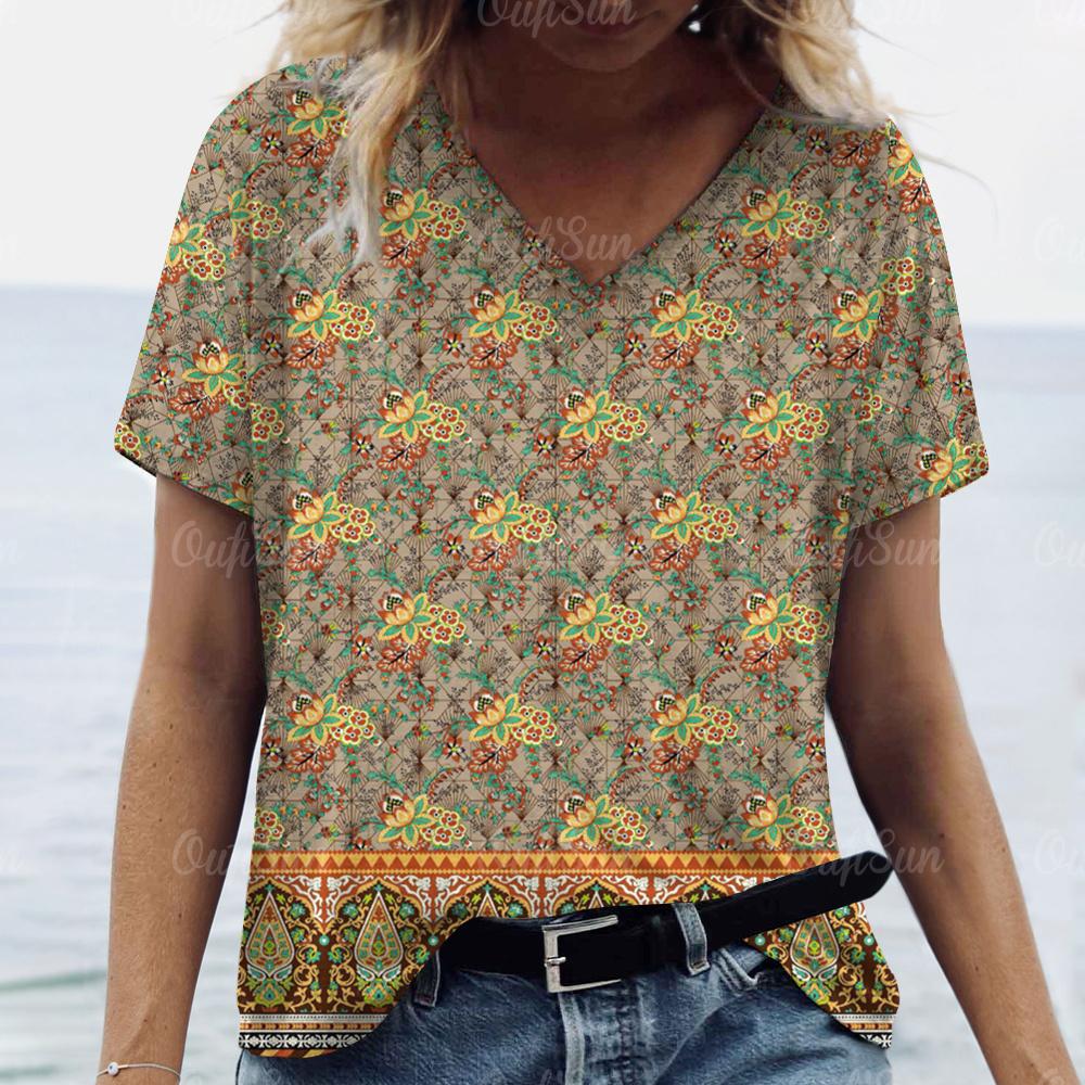 Vintage Damen T-Shirt Ethnischer Blumendruck Übergroße Bluse Damen Trendige Kleidung Mode Kurzarmshirt Damen V-Ausschnitt Hund