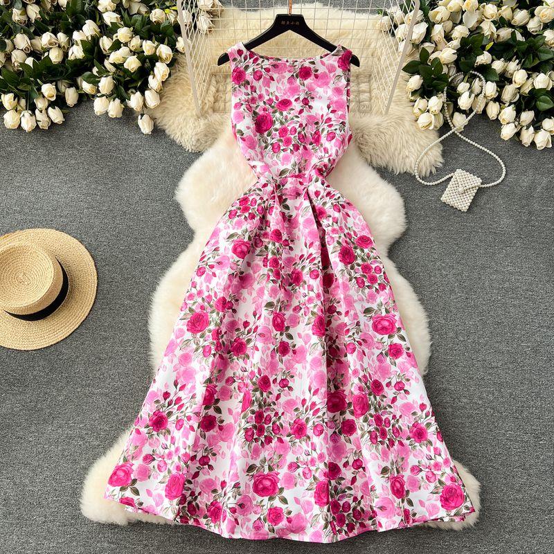

Court Style Dress Women s 2024 New Arrival Retro Print Silm Mid Length Long Length Large Swing Sleeveless Vest Dress Women s Dress Pink M