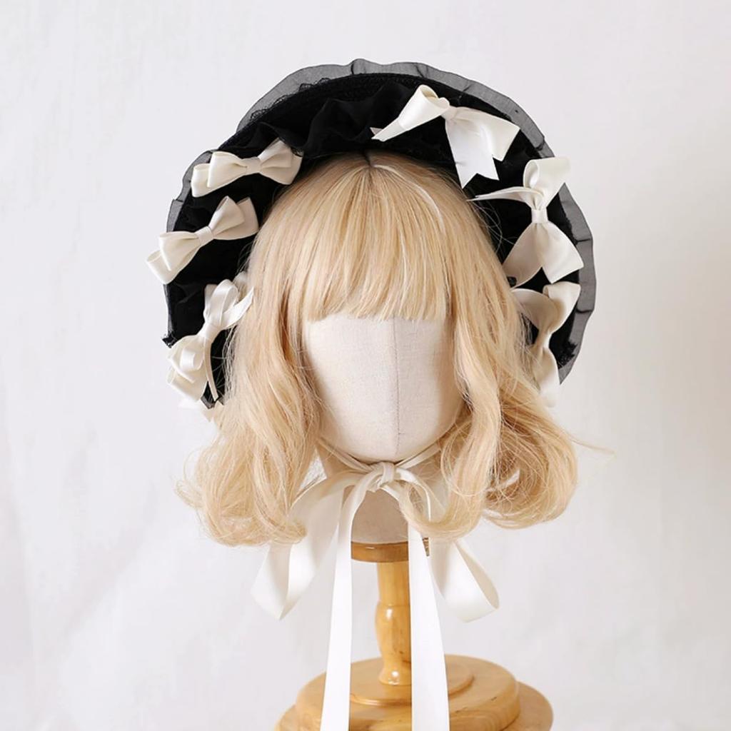 Ligwon Lolita Maid Lace Hat with Hair Mori Gothic Small School Tea Party Hat, Bonnet, Hat, Ribbon, Accessory, Girl, Lolita, Princess, Doll, Face,