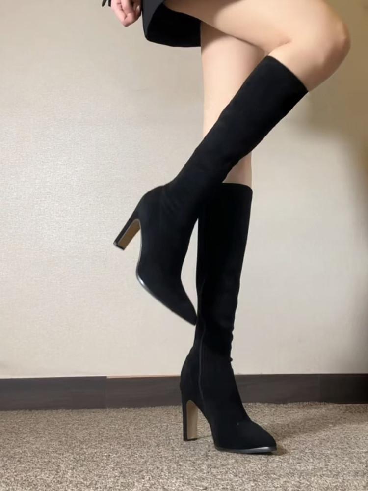 Nude high-heeled long boots New year's models but knee elastic thin boots pointed thick-heeled boots
