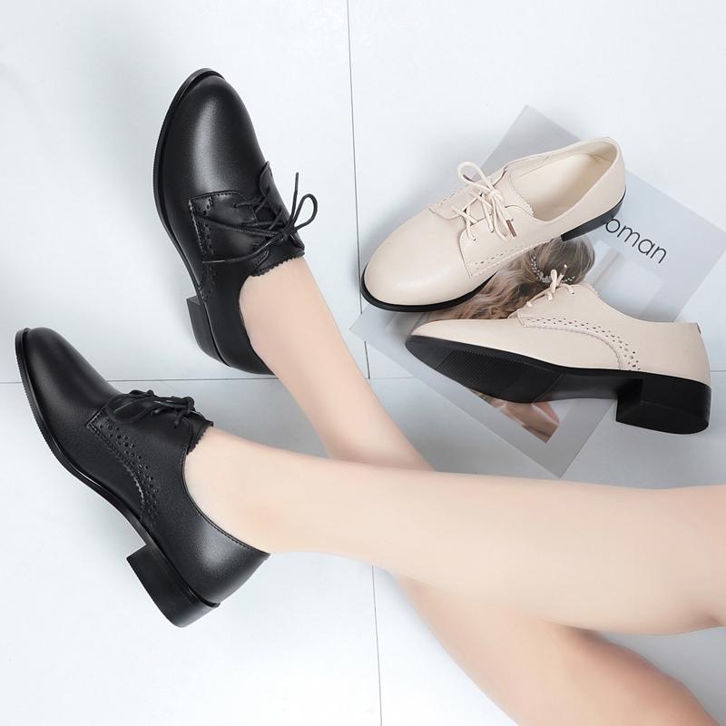Women Autumn Shoes Genuine Leather Mid Heel British Style Women Loafers Large Size Lace-up Women Shoes