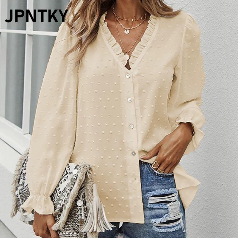 JPNTKY Damen Mode Lässig Einfarbiger Druck V-Ausschnitt Langarm Blusen & Hemden