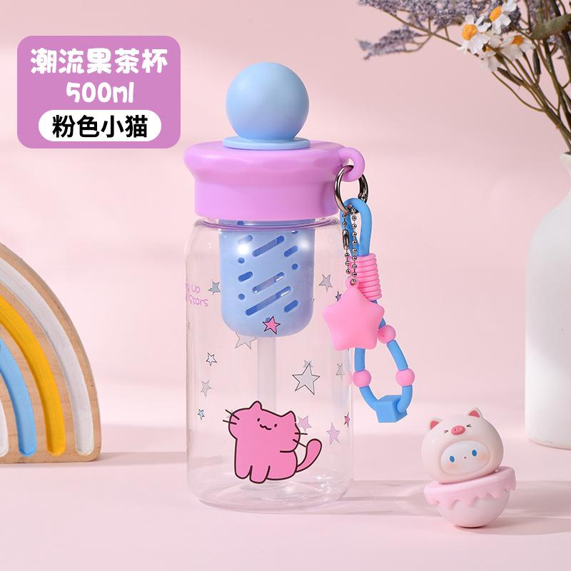 Water bottle: New creative cute kitten float plastic cup, high-appearance trendy fruit tea cup, children's school portable drinking cup