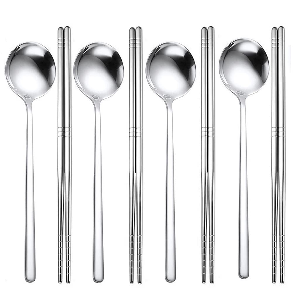 

KXLCGYK Spoon and Chopsticks Set of 4 Stainless Steel Korean Spoon Square Chopsticks Lightweight Hollow Chopsticks Korean Tableware Curry Mirror