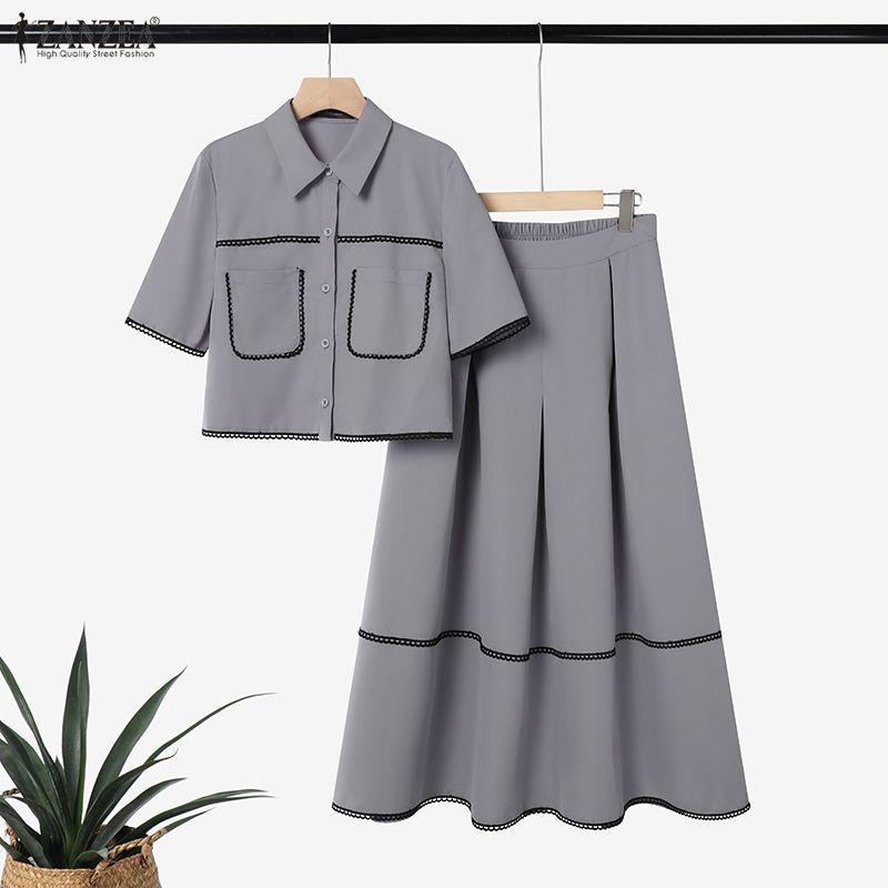 ZANZEA Women Short Sleeve Blouse and Long Skirts Summer Two Piece Suit Sets