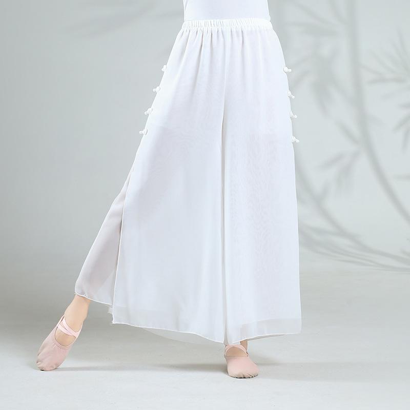 Women's Double Layer White Chiffon Dance Culottes - Wide Leg Flowy Pants for Classical Chinese Dance Practice