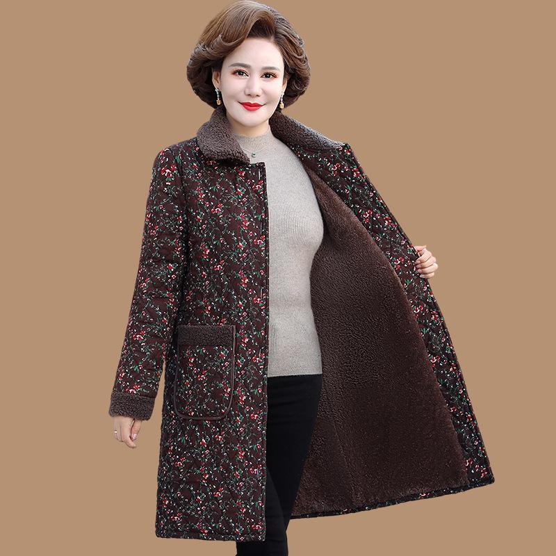 

Мамина зимняя куртка средней длины с цветочным принтом - на флисовой подкладке и утепленная для тепла, идеально подходит для женщин среднего и пожилого возраста 2XL for 105-120 jin