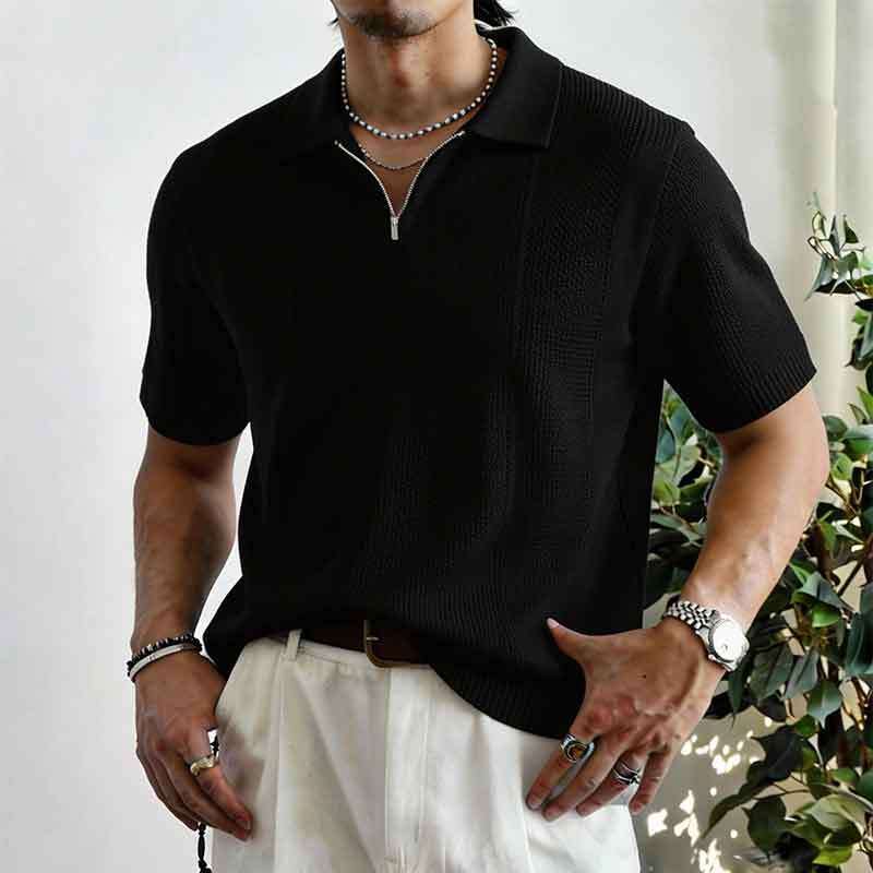 Mens Half Zip Lapel Hollow Knit Short Sleeve Casual Polo Shirt S чёрный