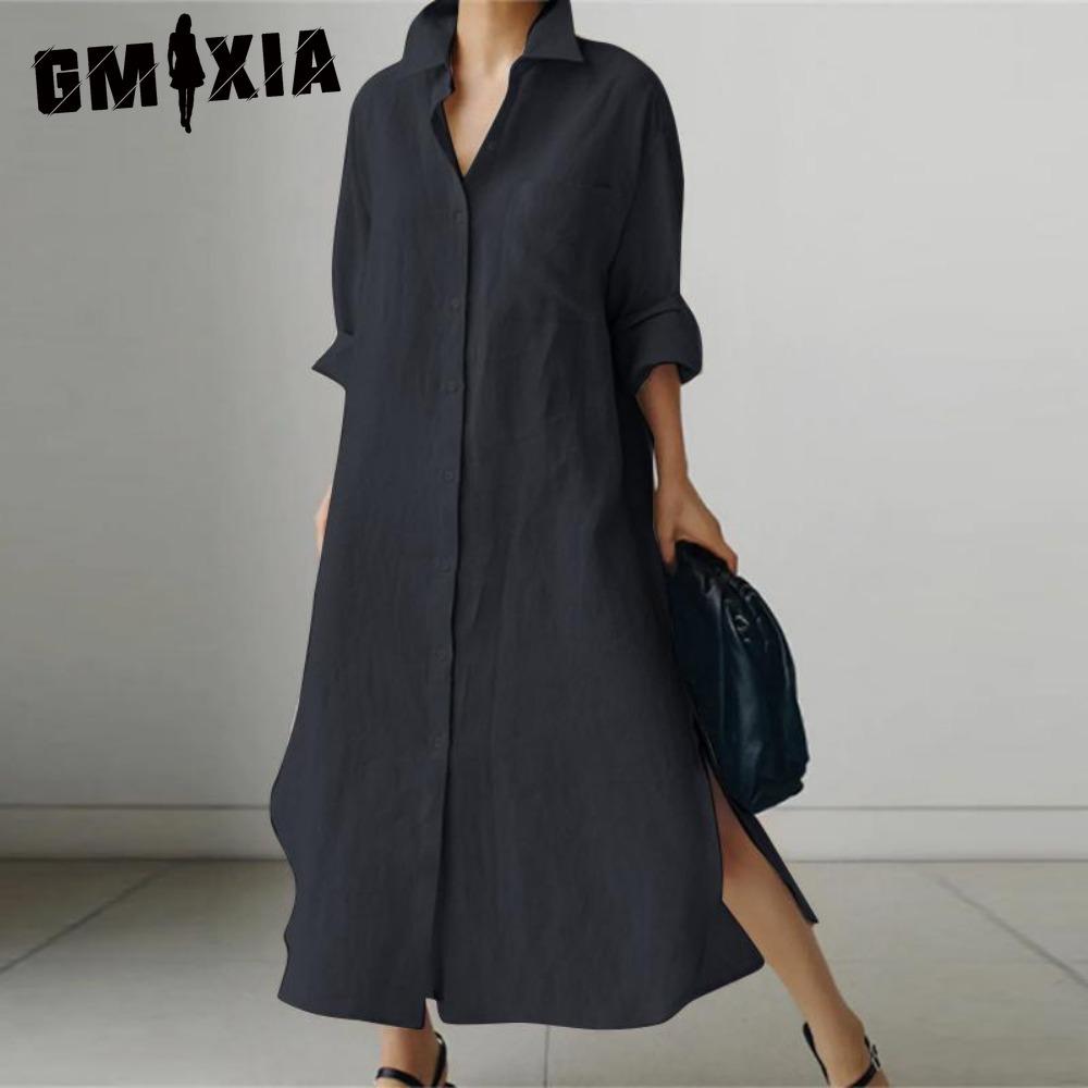 GMXIA Damen lässiges lockeres Hemdkleid mit Umlegekragen und langen Ärmeln