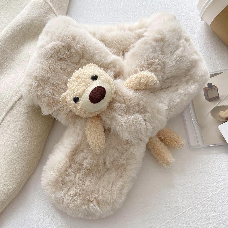 Kids Winter Thick Plush Scarf Cute Cartoon Bear Girl Warm Cross Neck Soft Fluffy Texture