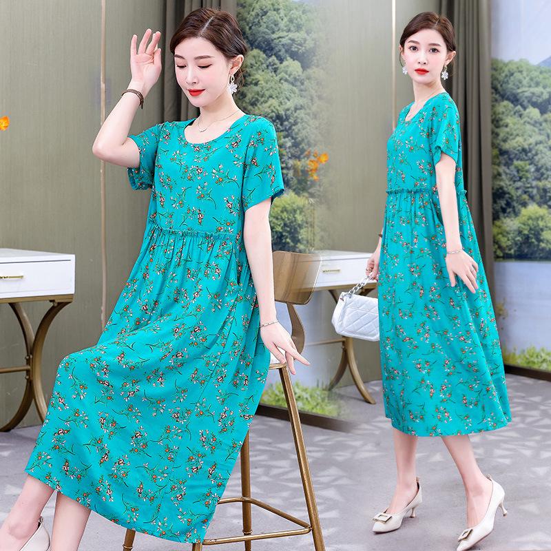 Plus Size Floral Cotton-Silk Dress for Women - Summer Fashion, Elegant Long Swing Dress