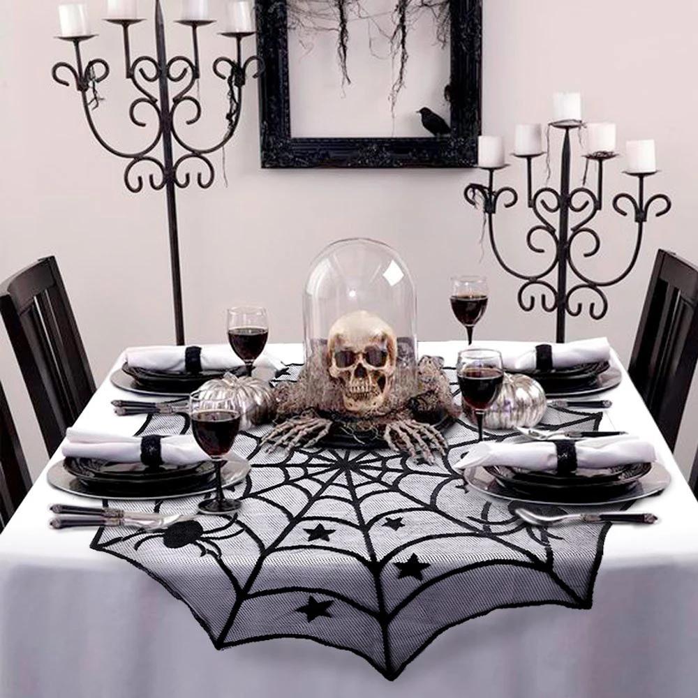 Halloween Lace Table Runner Black Spider Web Tablecloth Fireplace Cover Mantel Halloween Decor Door Curtain Home Party Props