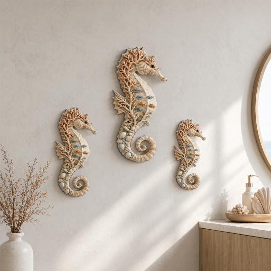 3Pcs Seahorse Wooden Wall Hanging Set, Hawaiian Beach Style, Boxwood Crafted Tropical Party Decor, Coastal Home Bath Ornament, Gift for Beach Lovers
