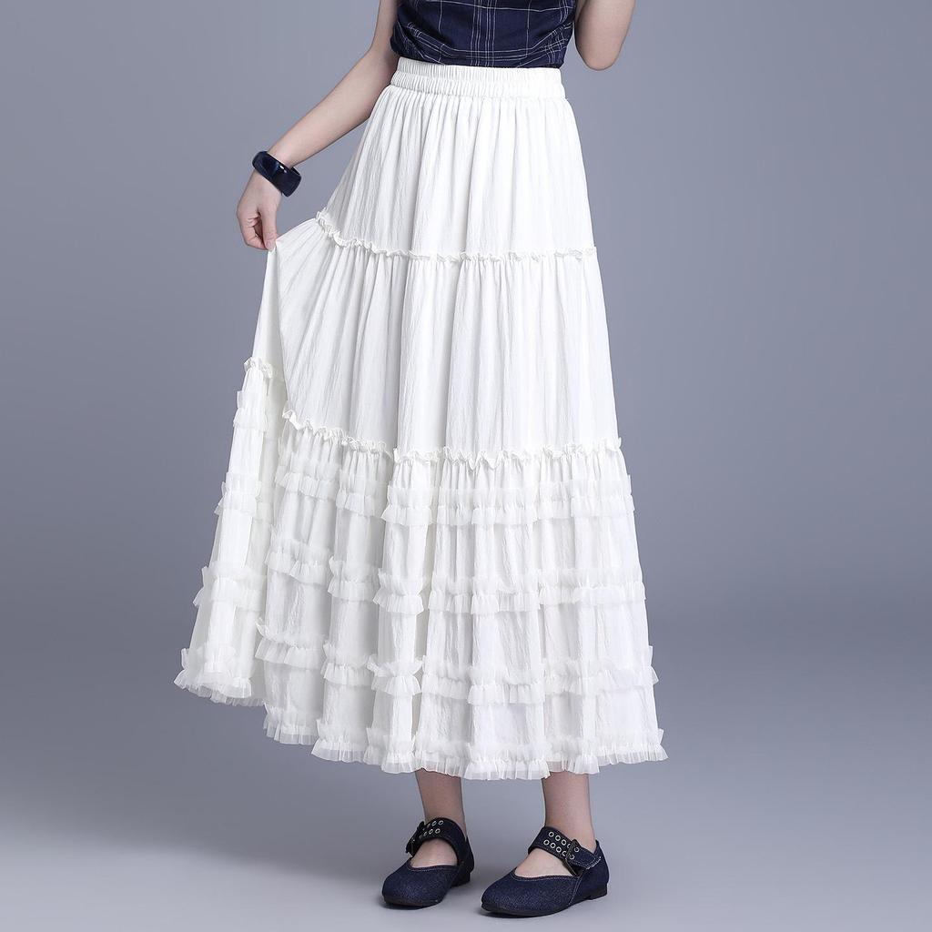 2026 Summer Women's Korean A-Line White Midi Skirt – High Waist, Lace Trim, Drape Design
