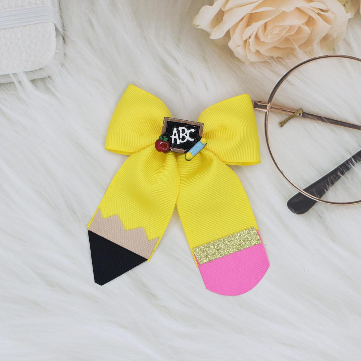 

Pencil Flower Ribbed Bow Hair Clip: Back-to-School Baby Headwear Accessory