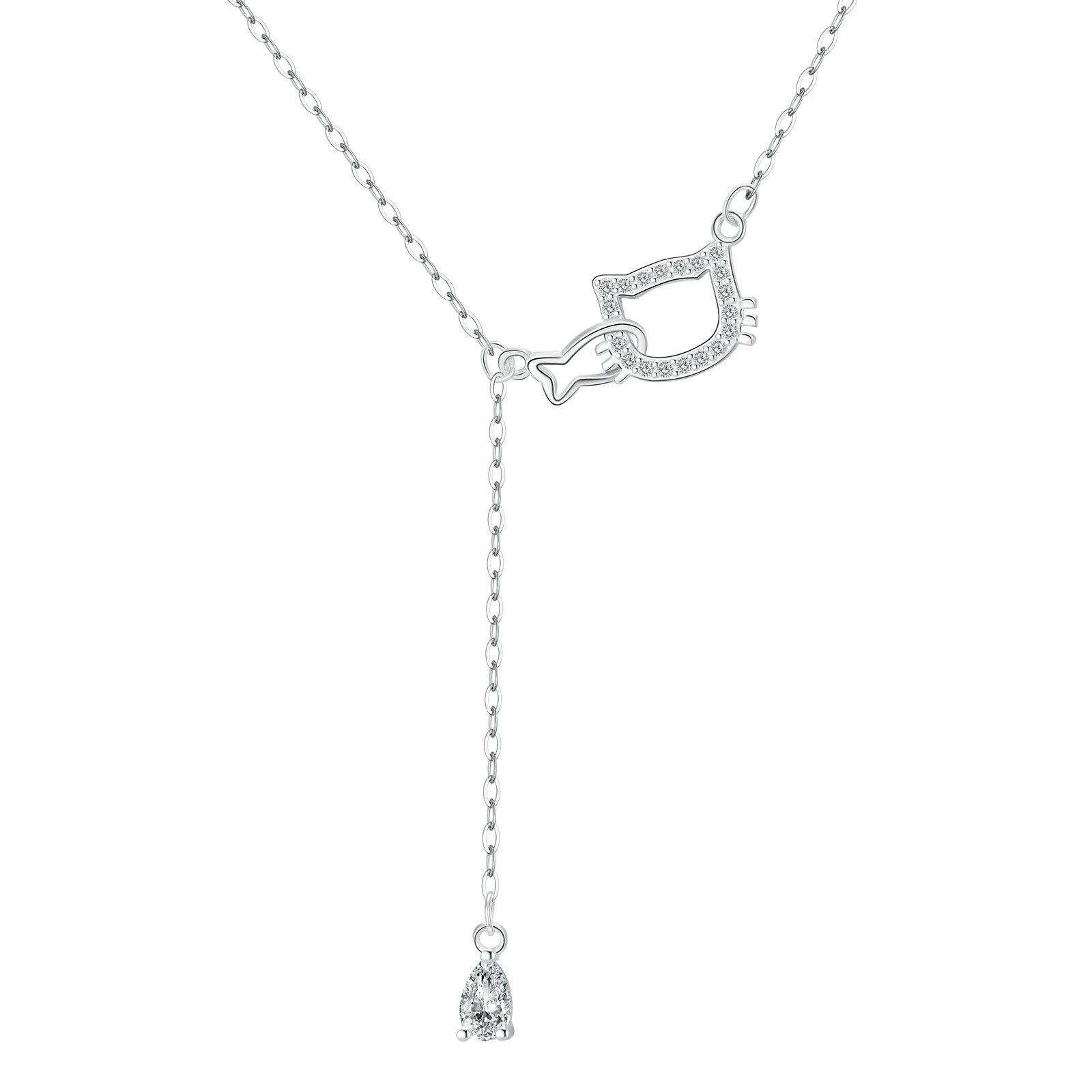 

Sterling Silver Diamond Fish Cat Tassel Pendant Necklace Pure Silver срібний