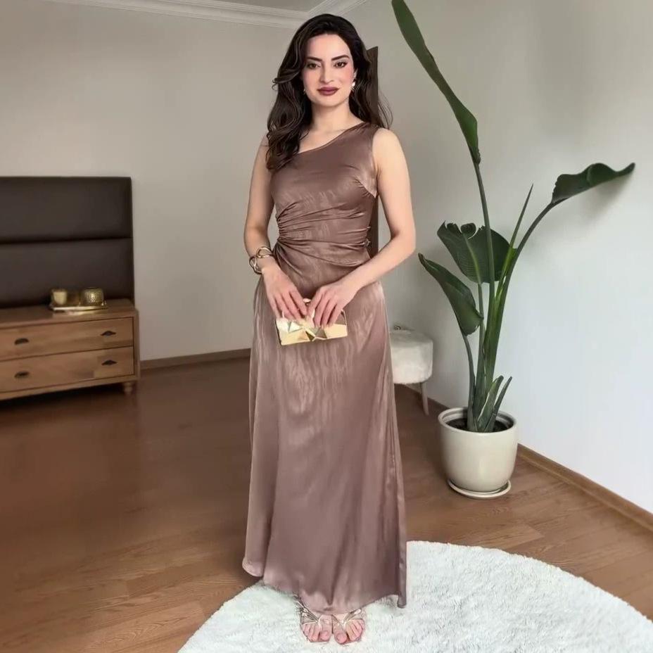 2026 Spring and Summer New  American Amazon, Women's Sleeveless Dress with Waist Exposed and Slanted Shoulders