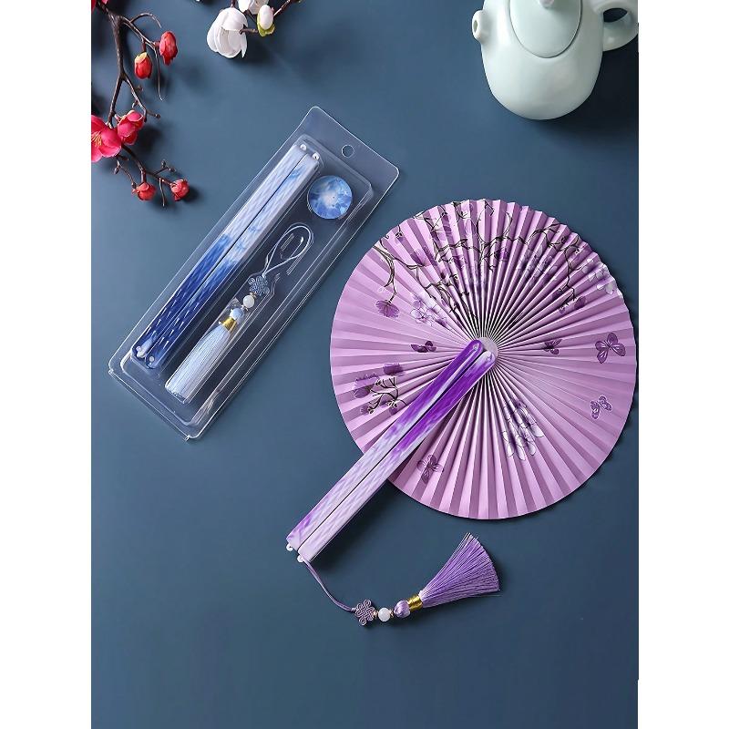 Chinese Folding Paper Fan with Tassels - Traditional Floral Design, Lightweight Plastic Portable Fan for Women, Hanfu, Home Decor, Cultural Gift