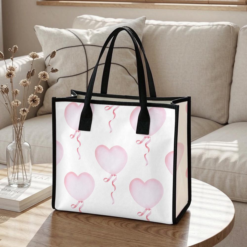 Cute Pink Heart Balloon Printed Tote Bag for Daily Use