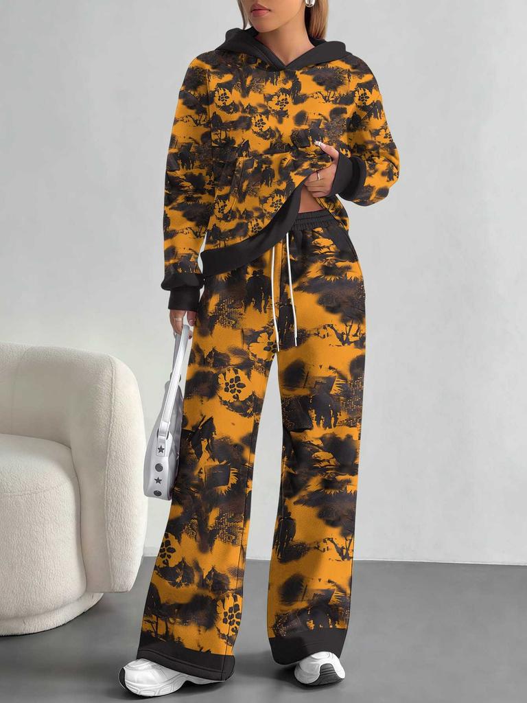 Retro Pattern Splicing European, American Autumn And Winter Casual Long-Sleeved Suit Women'S Hooded Sweater Trousers Two-Piece Set