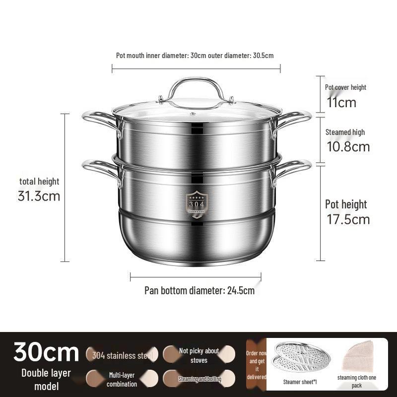 Three-Layer Multi-Functional 304 Stainless Steel Steamer Pot with Large Capacity for Steaming and Boiling