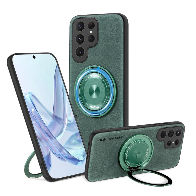 For Magsafe Magnetic 360°Rotat Metal Car Bracket Ring Leather Phone Case For Samsung S25 Ultra S23 S20 S21 S22 S24 Ultra Plus FE