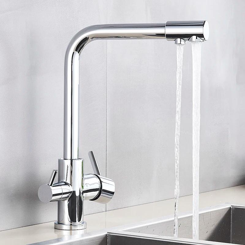 2025 New Chrome Kitchen Faucet Double Swivel Spout Drinking Water Purifier Filter Brass Sink Mixer Tap Hot and Cold Water