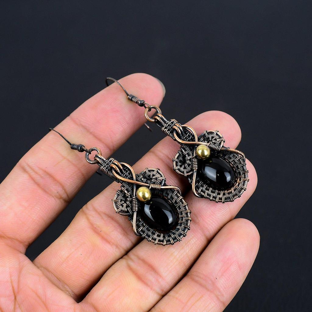 Black Onyx 999 Copper Wire Wrapped Earrings, Handmade Gemstone Jewelry Earrings For Memorial Day