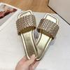 Large Size Flat-bottomed Slippers Women's Outer Wear Casual Simple Solid Color One-word Woven Belt Women's Slippers Slippers