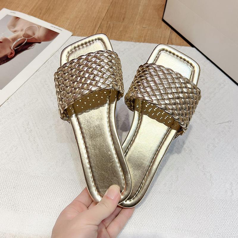 Large Size Flat-bottomed Slippers Women's Outer Wear Casual Simple Solid Color One-word Woven Belt Women's Slippers Slippers