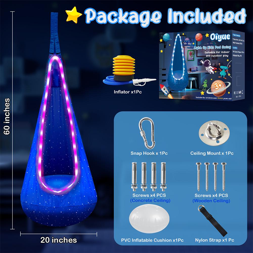Light Up Kids Pod Swing Seat Cotton Hanging Chair 4 Light Modes 16 Colors Pod Swing Chair Kids Sensory Swing for Indoor Outdoor