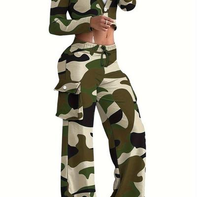 Women's Set Fashionable Camouflage Print Casual Sexy Short Tops Casual Work Pants 2-piece Set