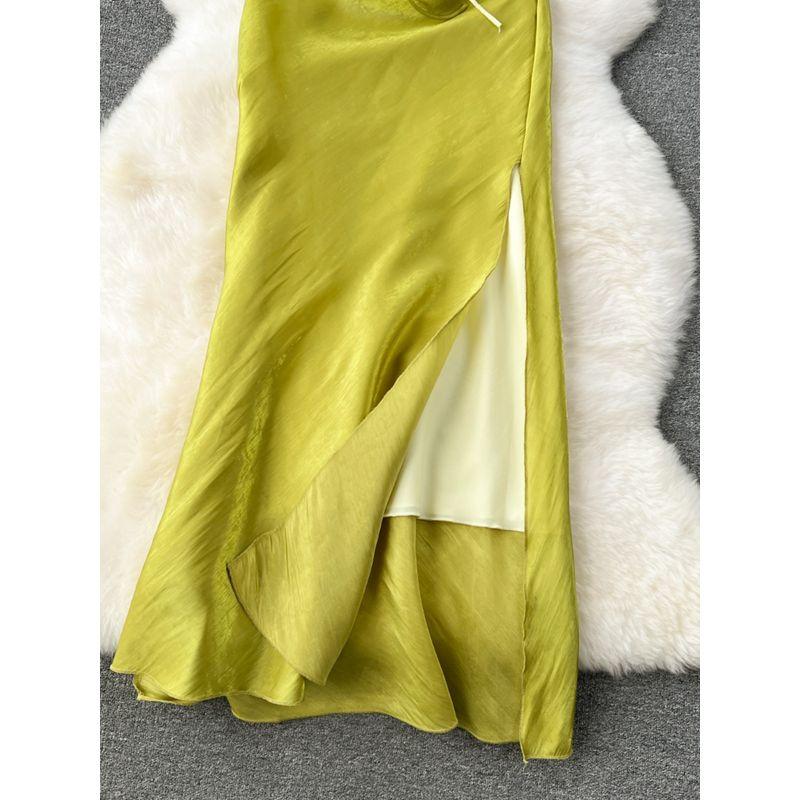 High-End Light Luxury Niche Three-Dimensional Flower Slim-Fit Long Sexy Split over-the-Knee Suspender Dress for Women