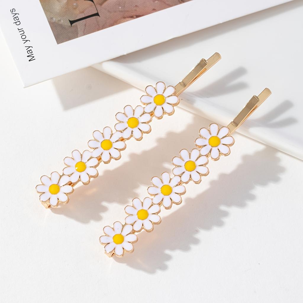 2pcs Set of Small Daisy Alloy Flower Hairpins, Fashionable and Fresh Women's Hair Clip, Bangs Clip