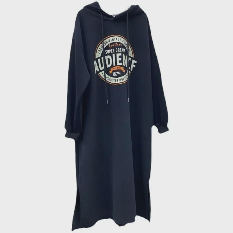 Korean-Style Winter Oversized Velvet Hooded Printed Knee-Length Dress for Women