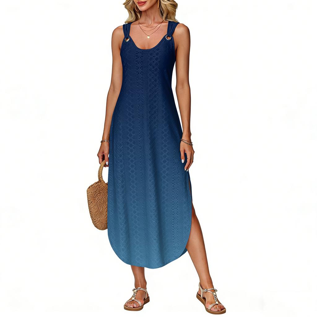 Women's summer long dress, sleeveless with side slits, long gradient vest dress