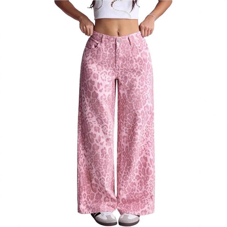 Women's Pink Leopard Print Wide Leg Jeans, Loose Fit