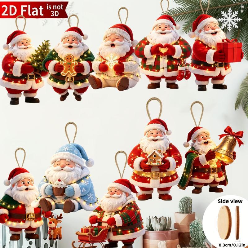 2D Flat Wooden Santa Claus Hanging Ornaments 10Pcs Cute Xmas Pendant for Christmas Wreath Tree Home Decor