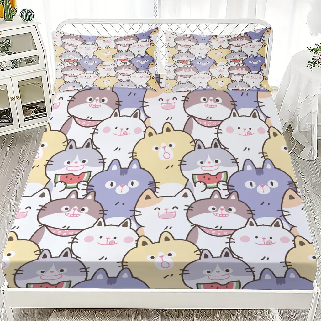 3pcs Fitted Sheet Set Cute Cat Faces Pattern Print Wrinkle Resistant Bed Sheet With Pillowcases For Bedroom Decor