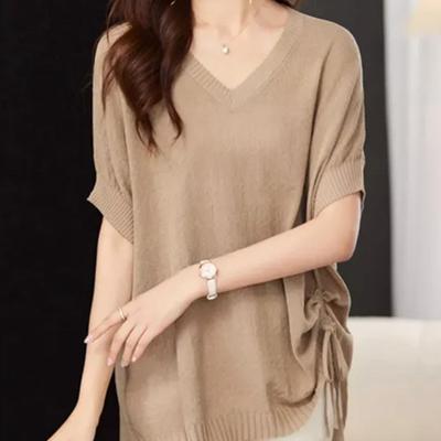 Top for Women Spring Summer Large Size Loose Short Sleeve Knit V-neck Pullover Ice Silk Top