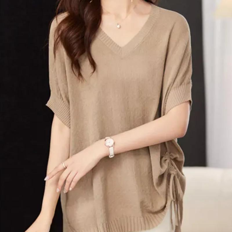 

Топ для женщин весна лето большого размера свободный с коротким рукавом вязаный с V-образным вырезом пуловер ледяной шелк топ XXXL хаки