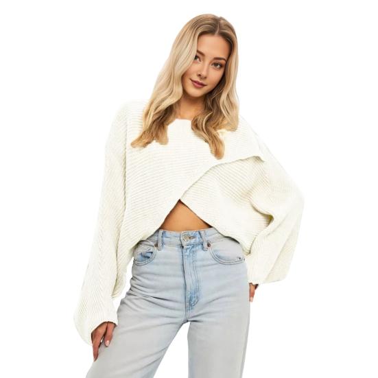 Женский свитер с круглым вырезом летучая мышь длинный рукав однотонный свободный крой трикотажные топы открытые белый 1980₽