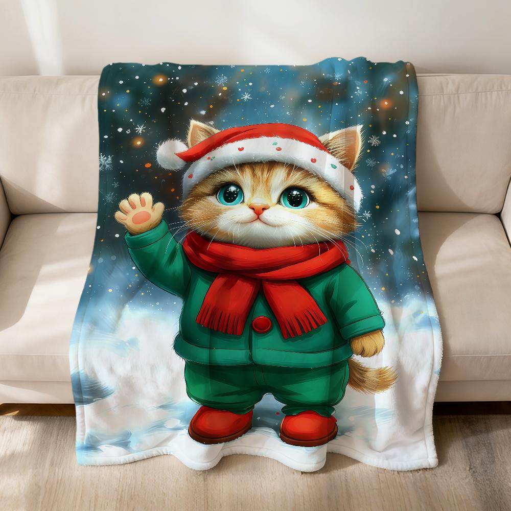 Cute fashion winter Christmas cat art Flannel soft warm plush blanket sofa living room pet hogar bedroom gift home Car portable