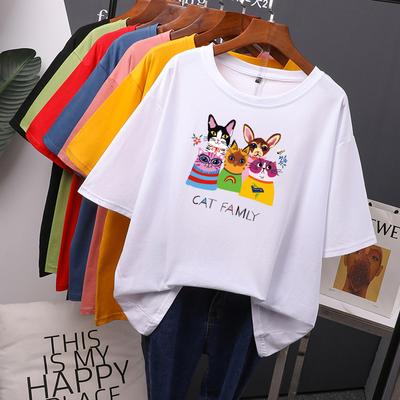 Cat Family trykt bomull tegneserie T-skjorter kvinner sommer Harajuku Kawaii løse t-skjorter for jente Kortermede Uformelle kvinnelige topper