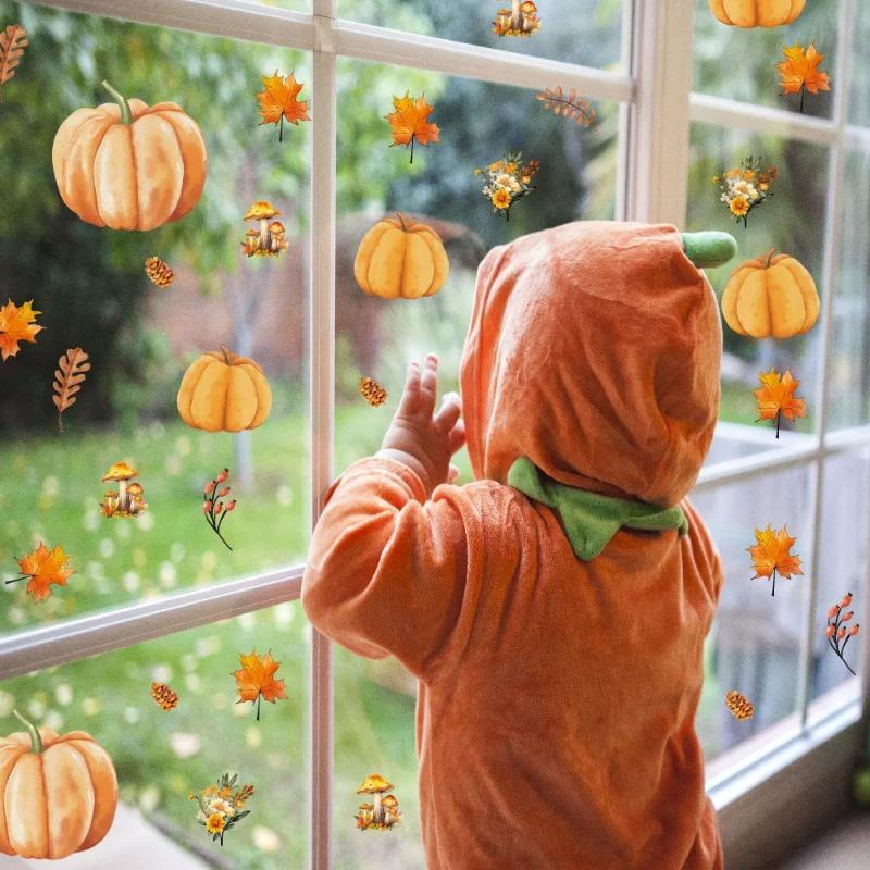6PC Halloween 3d Pumpkin Window Sticker Home Decoration Self Adhesive Autumn Leaves Wall Art Decal Maple Double-sided Party