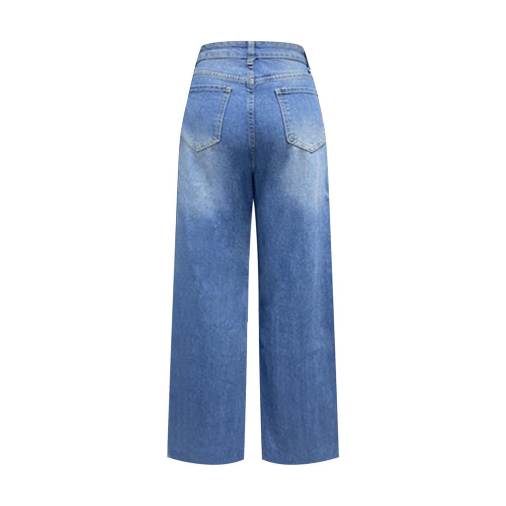 Damen Jeans Lange Hohe Taille Zerrissene Kante Bequeme Hose Mit Weitem Bein