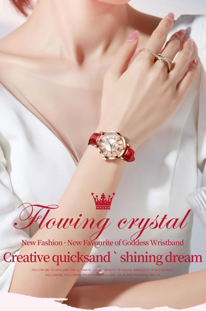OLEVS Women's Watch Set - Easy-to-Read Bracelet Watch - Premium Stainless Steel - Calendar, 3 ATM Water Resistance, Luminous Gold/Silver (Red)