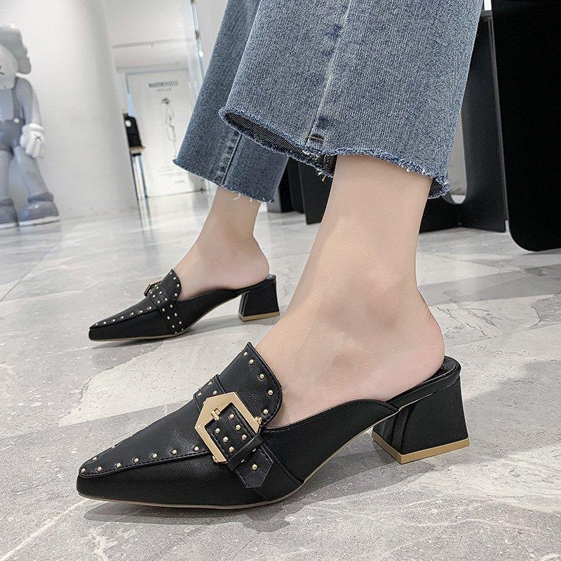 Fashion Women's Baotou Slippers Spring New Pointed Head Shallow Mouth Rivets Metal Buckle Anti-slip Wear-resistant High Heels
